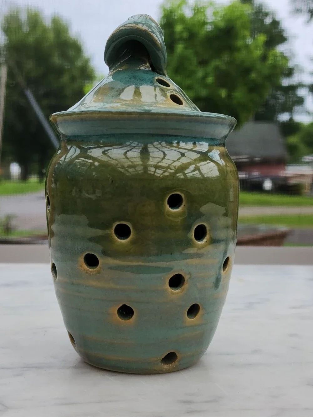 Holman Pottery Garlic Keeper Jar in Sea Pearl Green Ventilation Holes 6